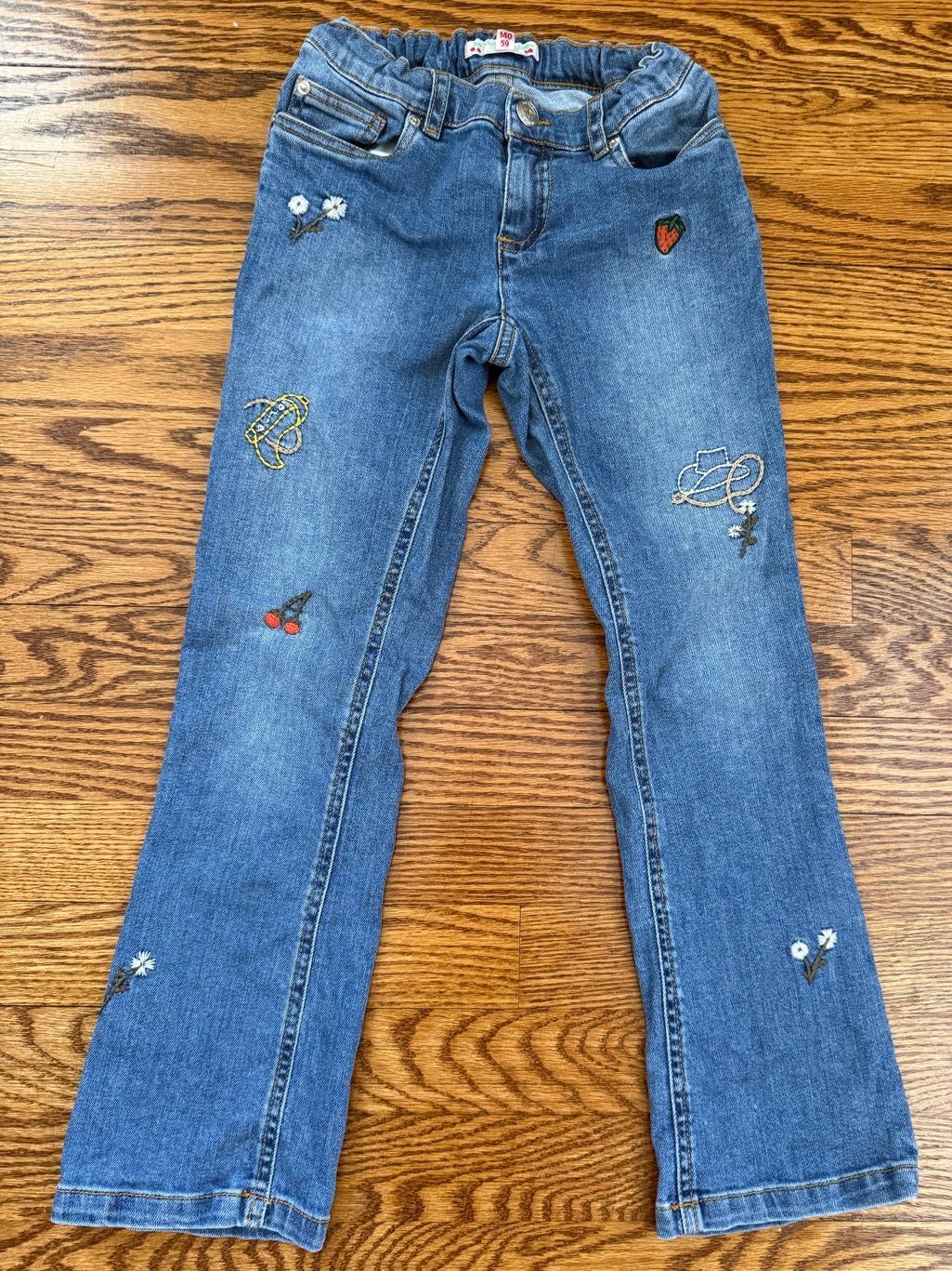 Bonpoint Girls Embroidered Denim Jeans Size 10 Luxury Western Cherry Novelty
